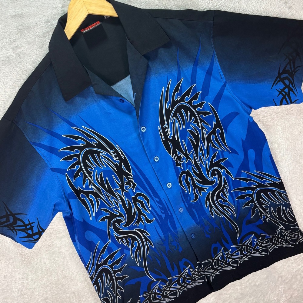 Vtg Level Ten Men's Shirt Blue‎ Black Flame Dragon Tribal Print Button Up Sz L